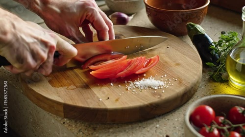 Chef slices tomatoes on a wooden cutting board, adding a touch of salt