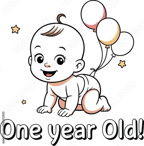 Cartoon illustration of a baby crawling with balloons and hearts celebrating one year old milestone