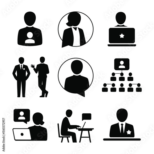 Filled icon set of hybrid work team roles with team lead, project manager, remote worker, and office staff

