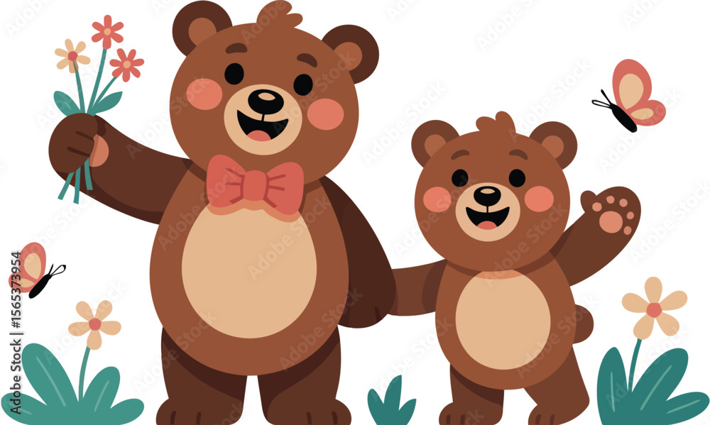 Obraz premium Two cartoon bears one holding flowers and wearing a bow tie with butterflies and flowers around them