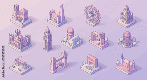 Isometric illustrations of famous London landmarks, rendered in a soft pastel color palette on a light background.
