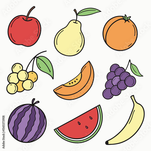 Vibrant Fruit Illustration Apples, Pears, Peaches, Grapes, Watermelon, and More