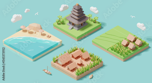Isometric view of four distinct landscapes: beach, temple, rice field, and village, showcasing diverse environments.