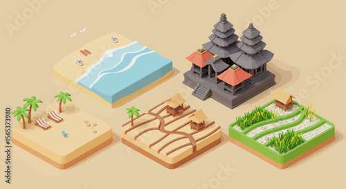 Low-poly isometric representation of Indonesian landscapes, including beach, temple, rice paddies, and desert.