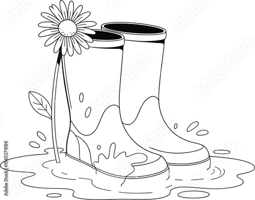 Yellow rain boots with mud and a daisy flower on a white background in cartoon illustration style