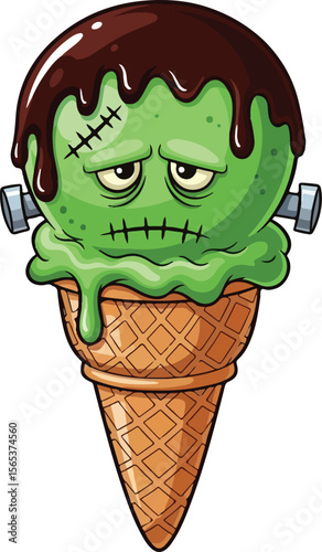 Creepy Halloween Ice Cream and Popsicles Collection – Frankenstein Cone, Skull Scoops, Zombie Pops, and Mummy Desserts in Funny Horror Cartoon Vector Style
