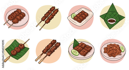 Minimalistic Indonesian food icons (satay, klepon, rendang), pastel color palette, vector set