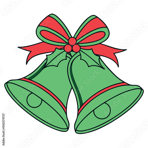 Festive green christmas bells with red bow and holly isolated on white background