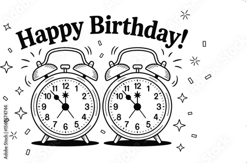 Happy birthday card with two alarm clocks and clock background with stars and square shapes around