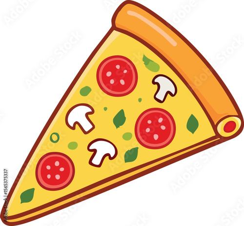 Cartoon illustration of a delicious pizza slice with pepperoni, mushrooms, and tomato toppings.