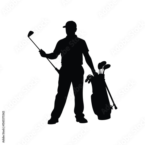 Silhouette of a golfer with his golf bag and an iron, ready