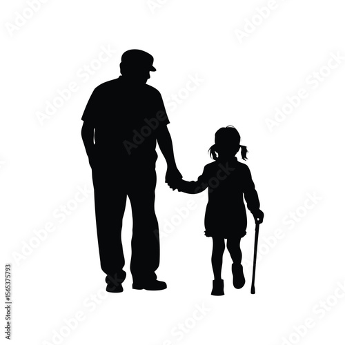A Generational Walk A Black Silhouette of Grandfather and Granddaughter Together