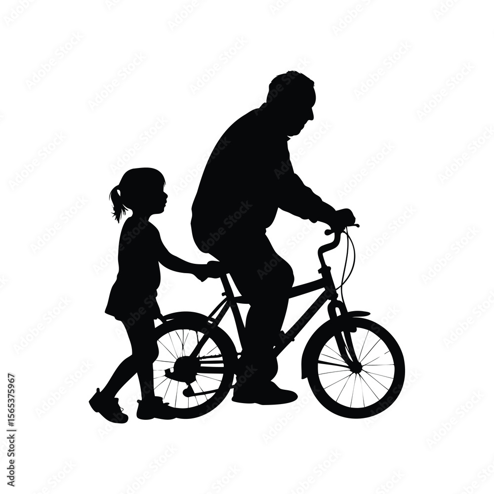 Fototapeta premium Silhouette of Grandfather Riding Bicycle with Granddaughter Walking Beside Him Learning