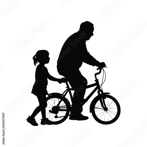 Silhouette of Grandfather Riding Bicycle with Granddaughter Walking Beside Him Learning