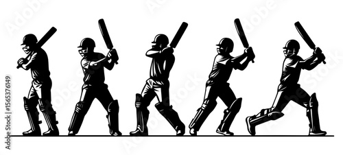 A black and white, sequential image depicting the various phases of a cricket batting action vector set.