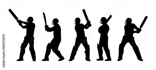 A black and white, sequential image depicting the various phases of a cricket batting action vector set.