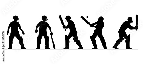A black and white, sequential image depicting the various phases of a cricket batting action vector set.