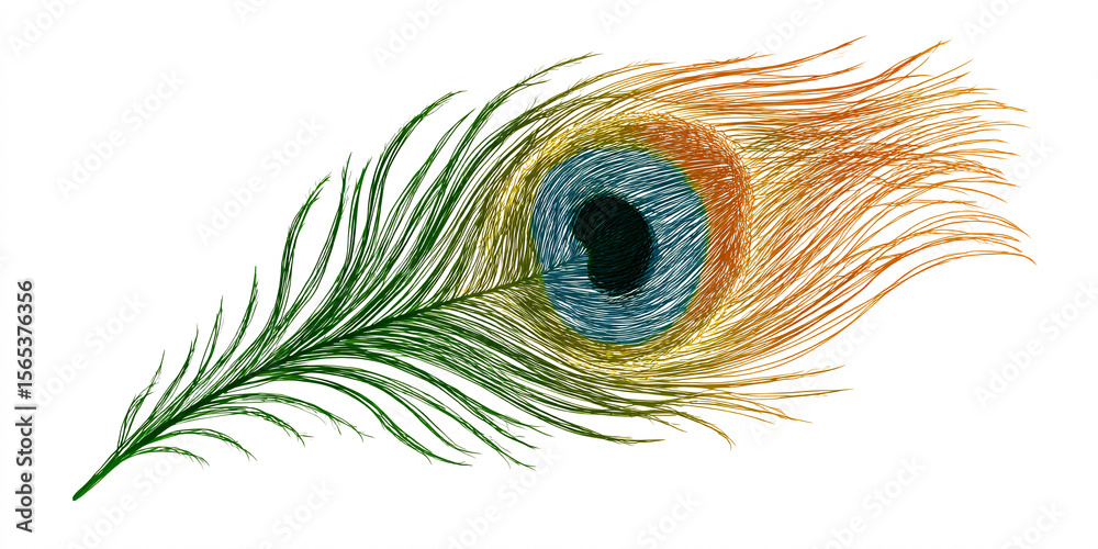 Obraz premium Detailed peacock feather illustration with vibrant colors, showcasing intricate patterns and textures on a white background Concept of beauty, nature, and design