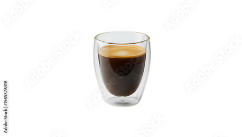 Transparent double-walled glass cup with a coffee drink inside.
