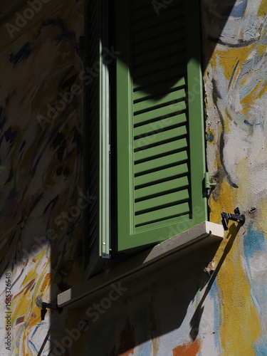Estate italiana, persiane chiuse per il riposo pomeridiano, muro decorato.