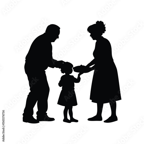 Silhouette of grandparents sharing with a young girl from a plate