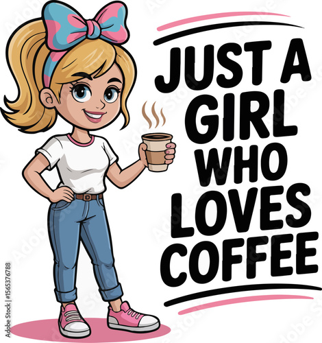 Cute cartoon girl with blonde ponytail and pink blue bow holding a coffee cup