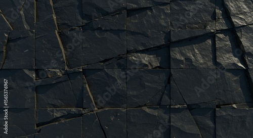 Dark rough stone tiles with prominent natural fractures forming a textured surface © nuyirdna