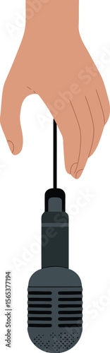 A hand holding a microphone with sound waves in the background on a light beige colored background art