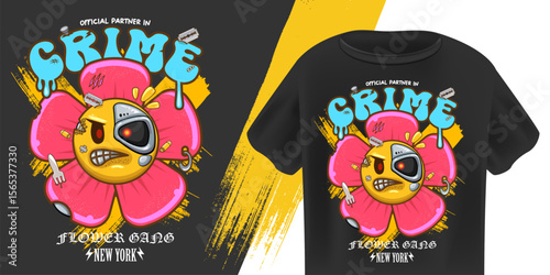 Official Partner in Crime Robot Flower Character Vector, Hip Hop Streetwear Design, Cartoon Smiling Daisy with Cyborg Eye, Razor Blade, Gold Chain, Flower Gang New York Slogan, Edgy Urban Graphic