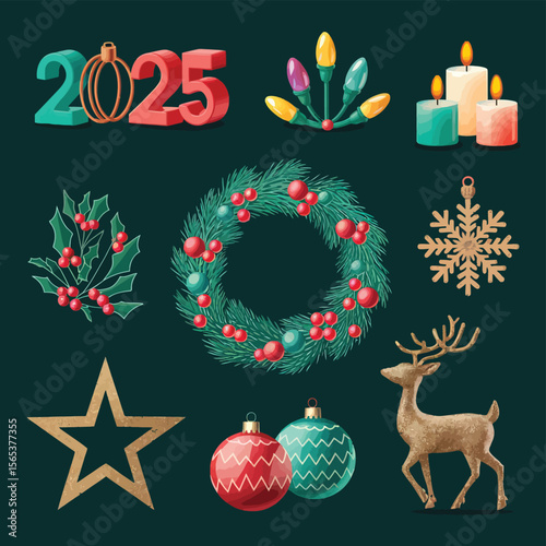 vector Happy New Year Celebrating 2025 in Latin letters , Christmas Decoration Items Santa Claus