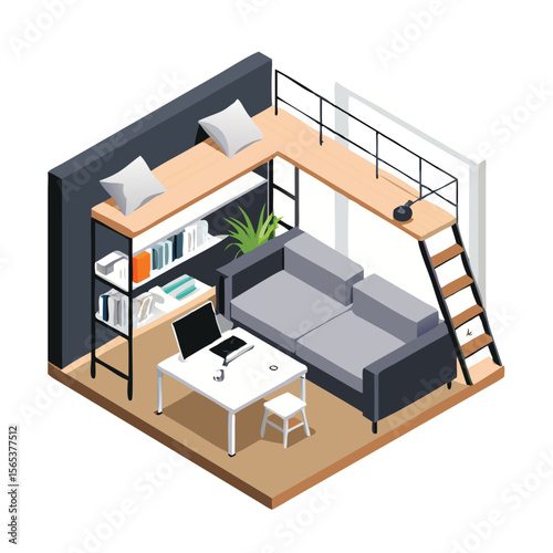 Contemporary loft bed studio apartment featuring bedroom interior vector art design 