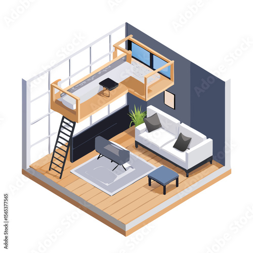 Contemporary loft bed studio apartment featuring bedroom interior vector art design 