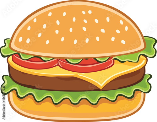 A vibrant cartoon illustration of a delicious, layered hamburger with fresh ingredients.