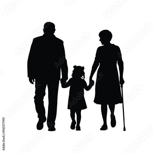 A silhouette illustration of a multigenerational family walking together holding hands