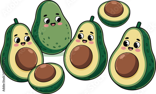 Illustration of several cartoon avocados with happy faces on a white background in a group setting