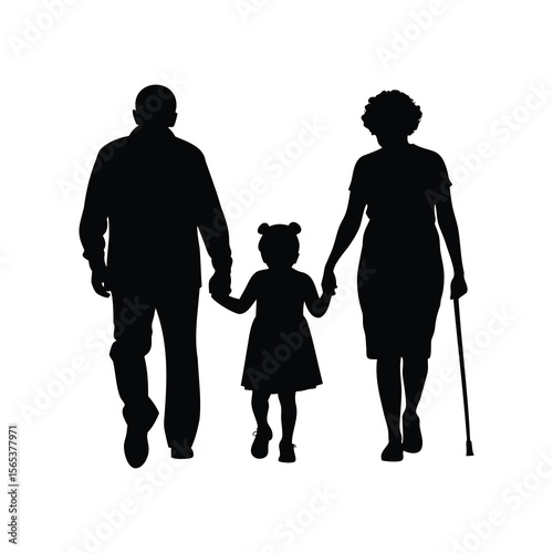 Silhouette of a multigenerational family walking together, holding hands with love