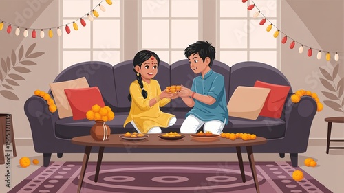 Bhaidooj, Festive Sharing of Sweets Between Siblings in a Home Decorated for a Celebration
