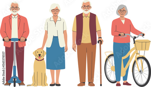 Active seniors lifestyle illustration featuring scooter bike dog and walking stick on white background