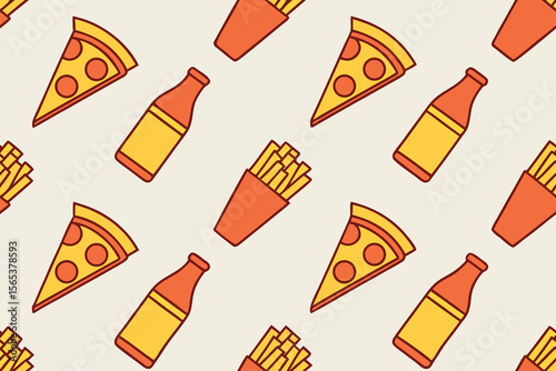 Fast Food Frenzy Pizza, Fries, and Beverage Seamless Pattern