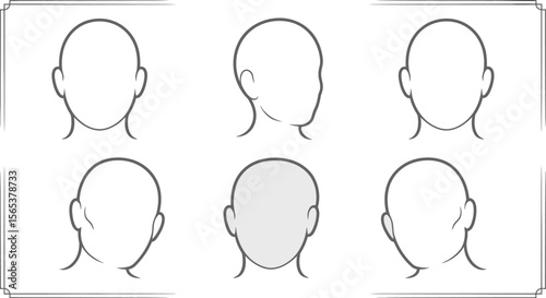 Illustration of six faceless head outlines in different angles on a framed light gray background