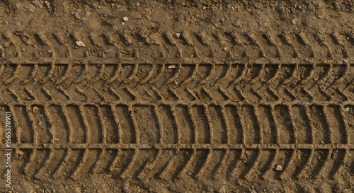 Detailed impression of a vehicle tire tread in dry textured brown earth with distinct patterns and shadows