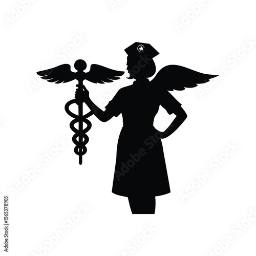 Nurse with Wings Holding Caduceus, Symbolizing Health and Healthcare Profession