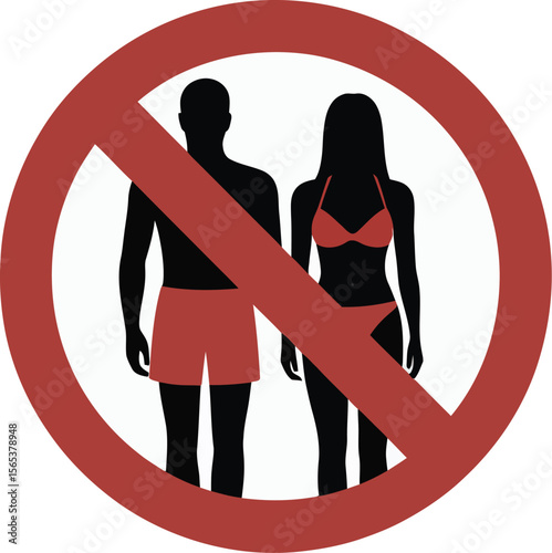 No swimming sign with silhouettes of a man in shorts and a woman in a bikini inside a red circle