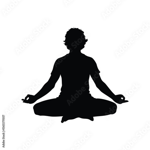 Silhouette of a person meditating in the lotus position on white background