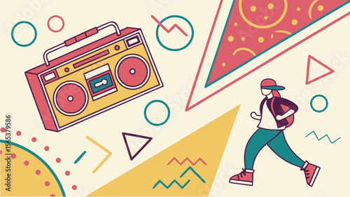 Retro eighties graphic design with boombox and walker for vintage style themed design projects and templates