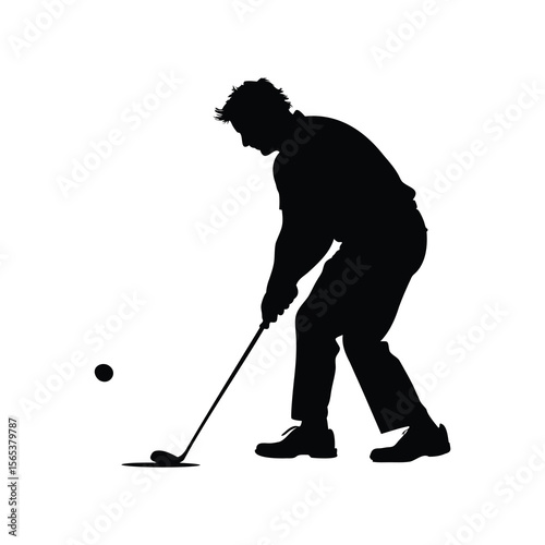 Silhouette of a golfer swinging at a golf ball on a white background