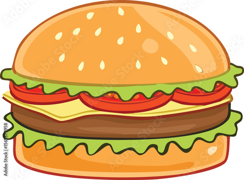 Cartoon illustration of a delicious burger with lettuce, tomato, cheese, and a sesame seed bun.