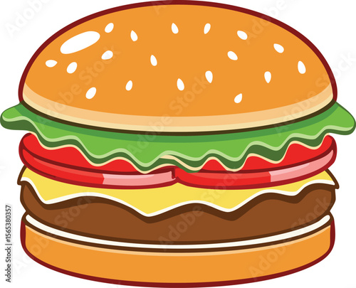 Cartoon illustration of a juicy hamburger with sesame seeds, lettuce, tomato, and cheese.