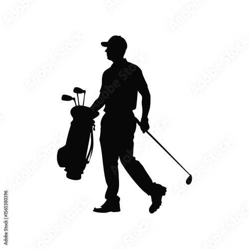 Silhouette of a golfer walking with clubs and golf bag in hand