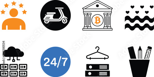 Vector icons set with rating stars scooter bitcoin bank hearts cloud server support hanger and stationery 